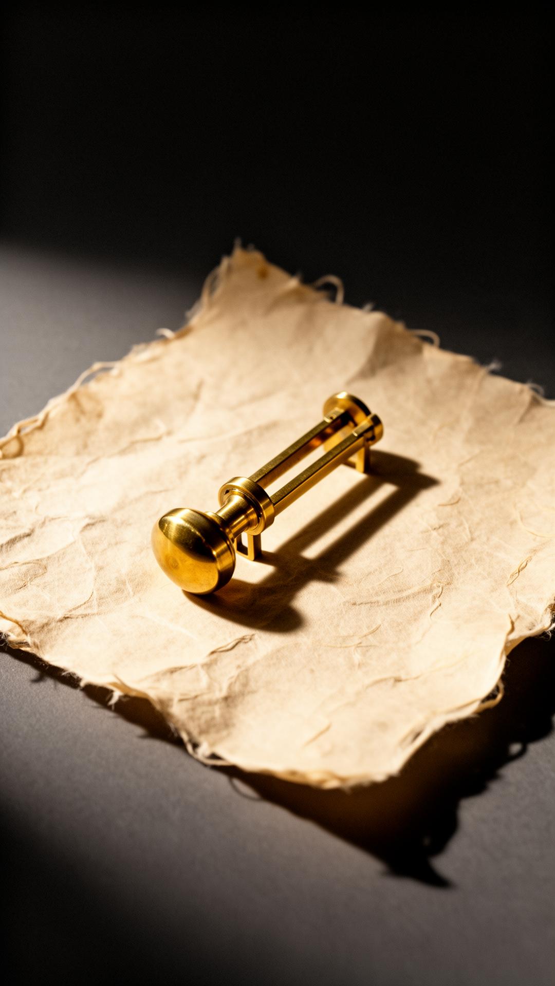 A brass precision instrument resting on handmade bone-colored paper, side-lit.
